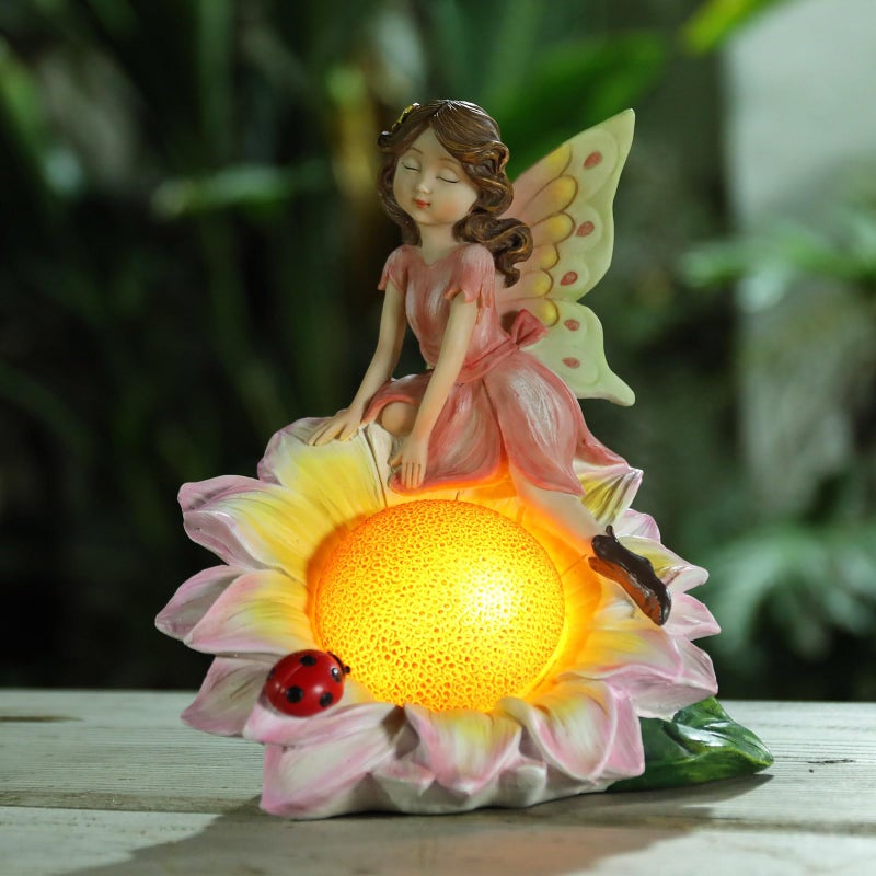 Ovewios Fairy Garden Statues Outdoor Decor, Solar Fairy Lights Outdoor Sunflower Decor Lawn Ornaments Resin Sculptures Fairies Garden Decor for Outside Yard Art Patio Porch, Gifts for Women Mom - Image 1