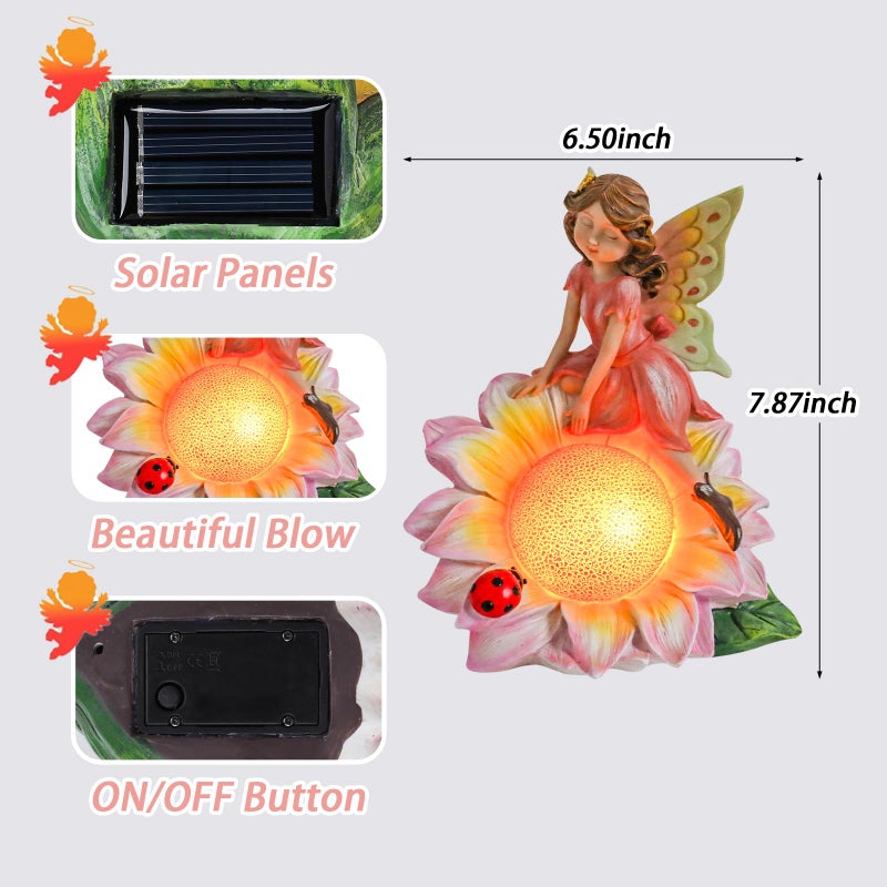 Ovewios Fairy Garden Statues Outdoor Decor, Solar Fairy Lights Outdoor Sunflower Decor Lawn Ornaments Resin Sculptures Fairies Garden Decor for Outside Yard Art Patio Porch, Gifts for Women Mom - Image 4