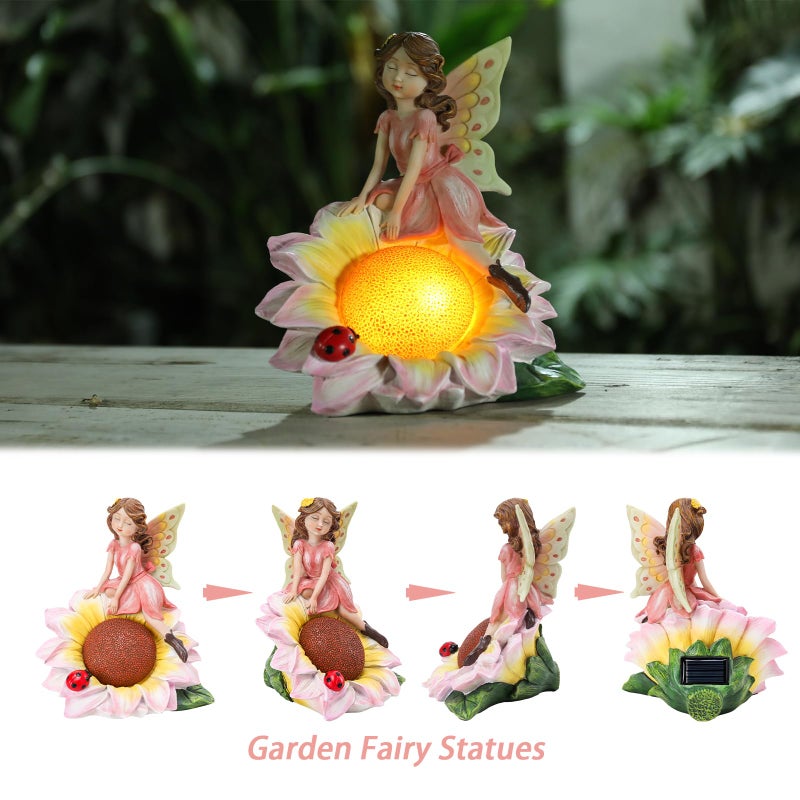 Ovewios Fairy Garden Statues Outdoor Decor, Solar Fairy Lights Outdoor Sunflower Decor Lawn Ornaments Resin Sculptures Fairies Garden Decor for Outside Yard Art Patio Porch, Gifts for Women Mom - Image 2
