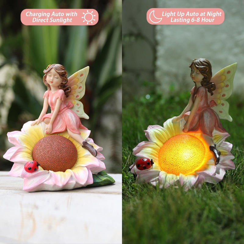 Ovewios Fairy Garden Statues Outdoor Decor, Solar Fairy Lights Outdoor Sunflower Decor Lawn Ornaments Resin Sculptures Fairies Garden Decor for Outside Yard Art Patio Porch, Gifts for Women Mom - Image 3