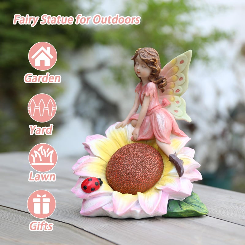 Ovewios Fairy Garden Statues Outdoor Decor, Solar Fairy Lights Outdoor Sunflower Decor Lawn Ornaments Resin Sculptures Fairies Garden Decor for Outside Yard Art Patio Porch, Gifts for Women Mom - Image 5
