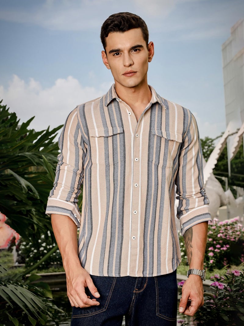 Thomas Scott Regular Fit Long Sleeve Flap Pocket Shirt for Men Beige - Image 2