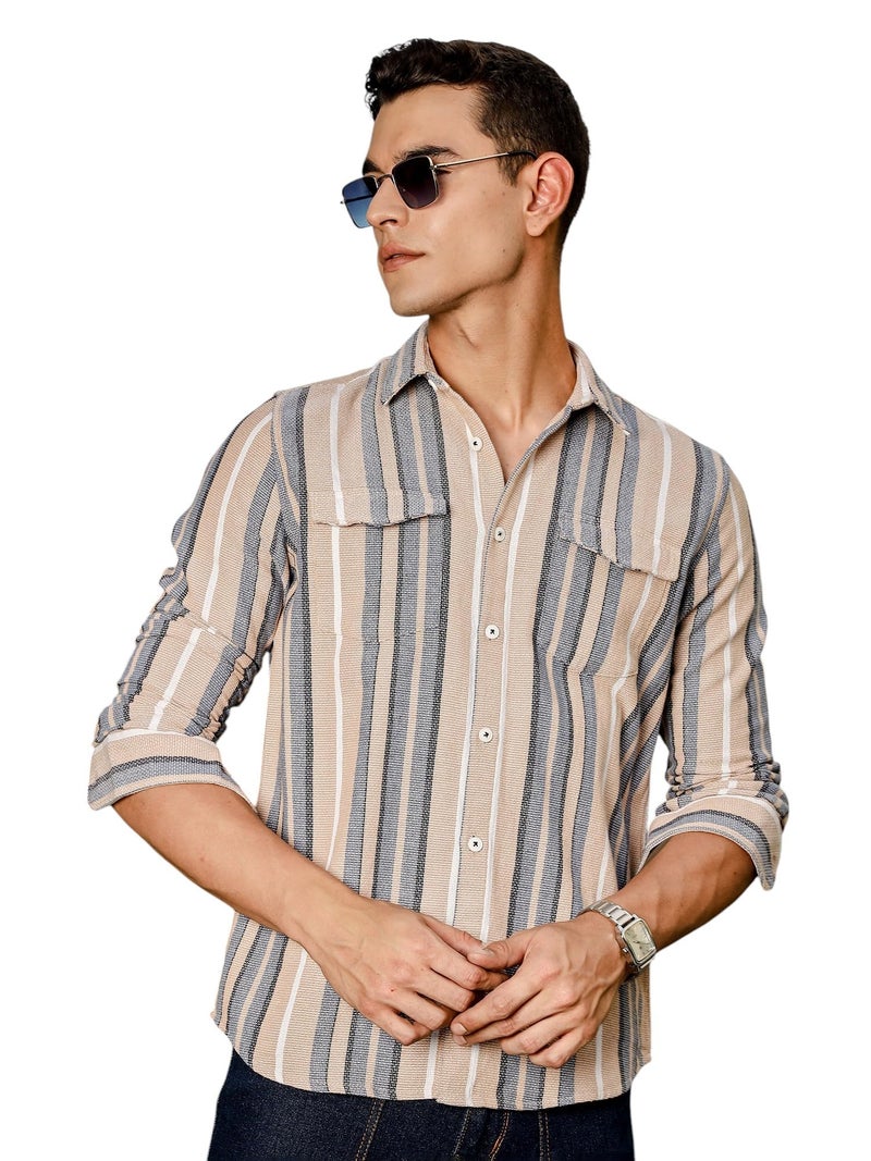 Thomas Scott Regular Fit Long Sleeve Flap Pocket Shirt for Men Beige - Image 1