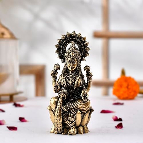 CraftVatika Brass Maa Dhan Lakshmi Devi Idol Statue Sitting on Lotus Brass Laxmi Ji Ki Murti for Pooja Temple Room Diwali Gift & Home Décor Items (2.9 Inch Height) - Image 1