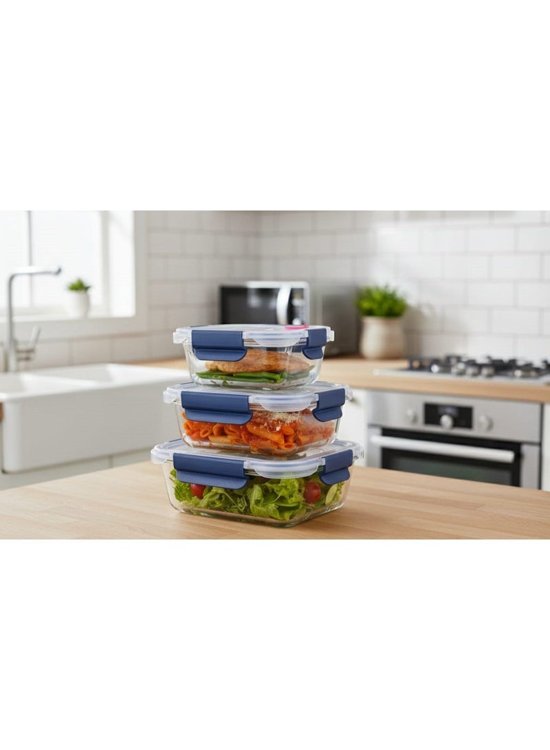 Food Storage Glass Containers Set of 3 (370ml+ 640ml + 1040ml)  Airtight, Microwave & Dishwasher Safe - Image 1
