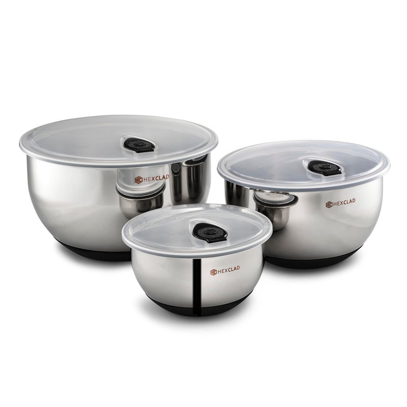 HexClad Stainless Steel Mixing Bowl Set, 3-Piece with Vacuum Seal Lids and Non-Slip Base, 1.3,3 and 5 Quarts - Image 1