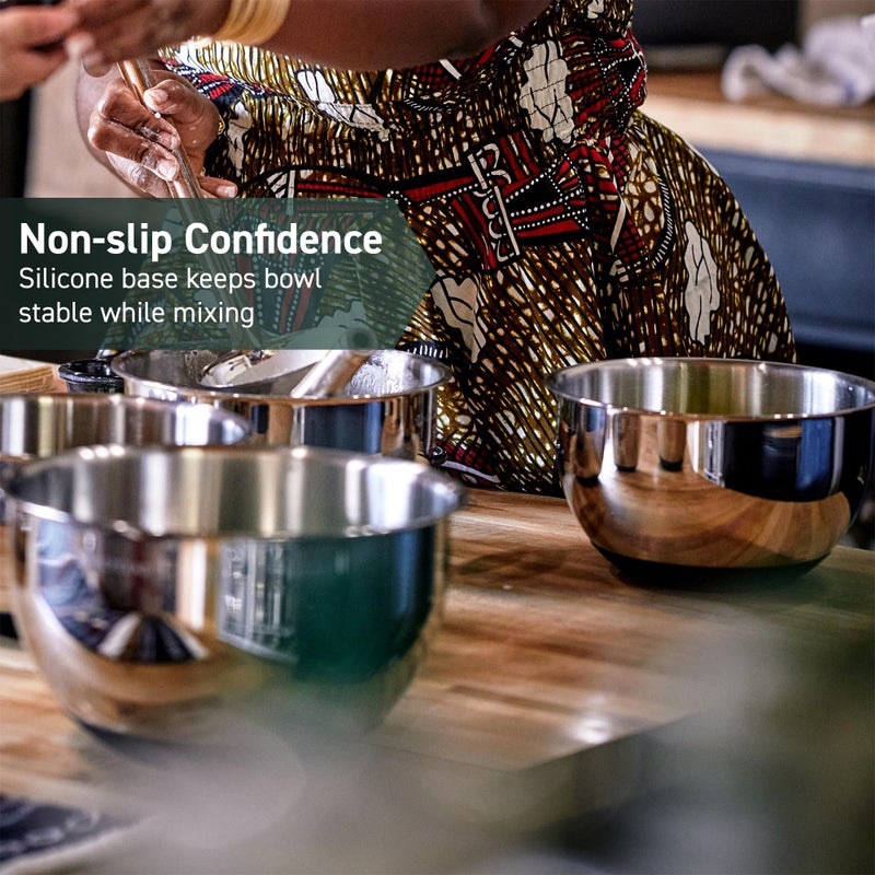 HexClad Stainless Steel Mixing Bowl Set, 3-Piece with Vacuum Seal Lids and Non-Slip Base, 1.3,3 and 5 Quarts - Image 4