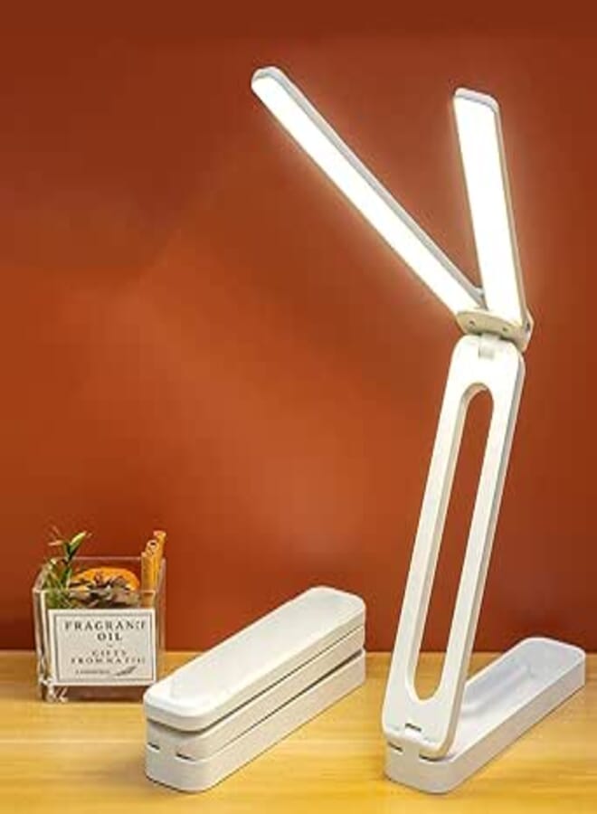WISHKEY Double Head LED Desk Lamp, USB Rechargeable Study Lamp with Built-in Battery, Wall Mounted, Foldable and Portable Study Lamp for Kids and Adults, White (Pack of 1)