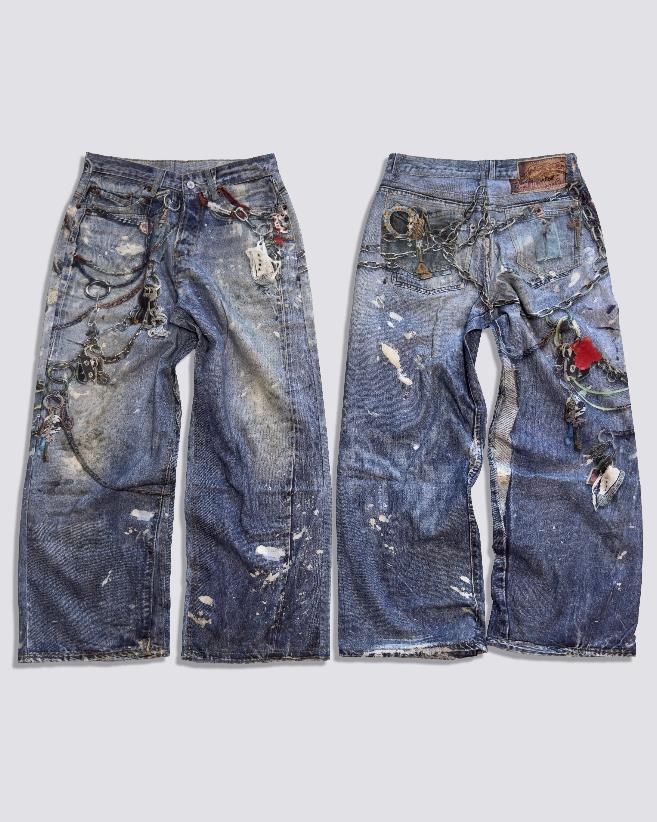 Ac Style Correct Version 1981 Chain 3D Printed Flower Wrong Picture Retro Old Heavy Industry Low Waist Loose Jeans Medium blue