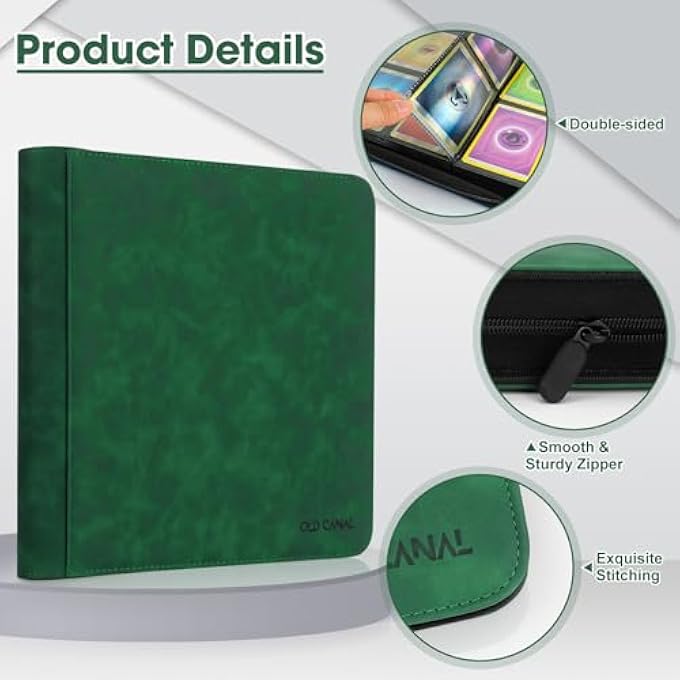 Old Canal TRADING CARD ALBUM, CARD SCRAPBOOK WITH 12 COMPARTMENTS FOR UP TO 720 CARDS, PORTABLE ZIP BINDER, CARD BINDER FOR MTG, TCG, BASEBALL CARDS, FOOTBALL CARDS (DARK GREEN) - Image 4