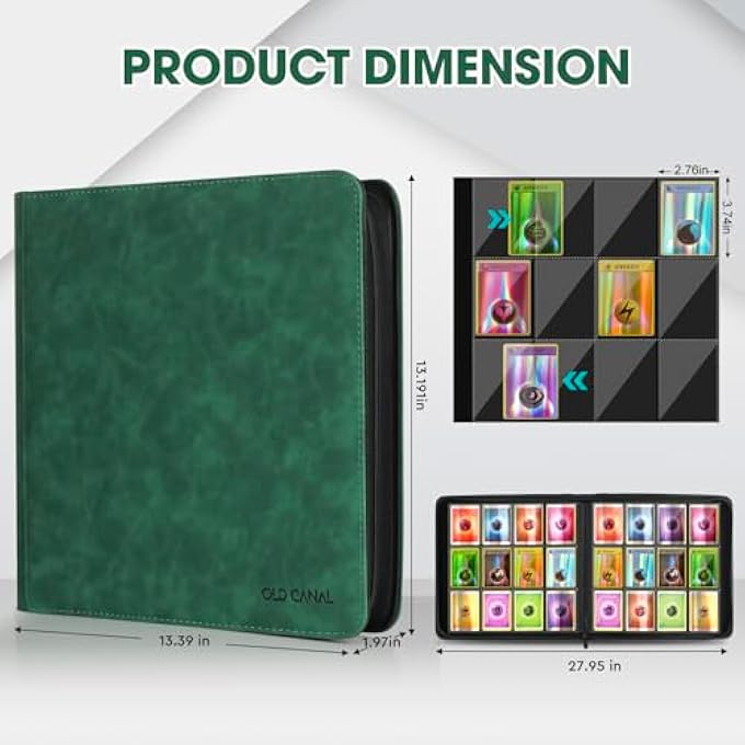 Old Canal TRADING CARD ALBUM, CARD SCRAPBOOK WITH 12 COMPARTMENTS FOR UP TO 720 CARDS, PORTABLE ZIP BINDER, CARD BINDER FOR MTG, TCG, BASEBALL CARDS, FOOTBALL CARDS (DARK GREEN) - Image 3