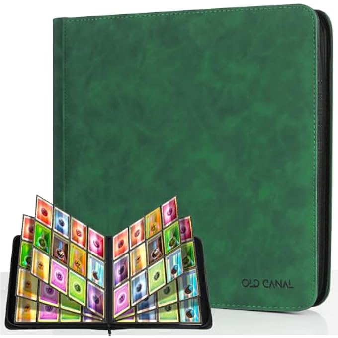 Old Canal TRADING CARD ALBUM, CARD SCRAPBOOK WITH 12 COMPARTMENTS FOR UP TO 720 CARDS, PORTABLE ZIP BINDER, CARD BINDER FOR MTG, TCG, BASEBALL CARDS, FOOTBALL CARDS (DARK GREEN) - Image 1
