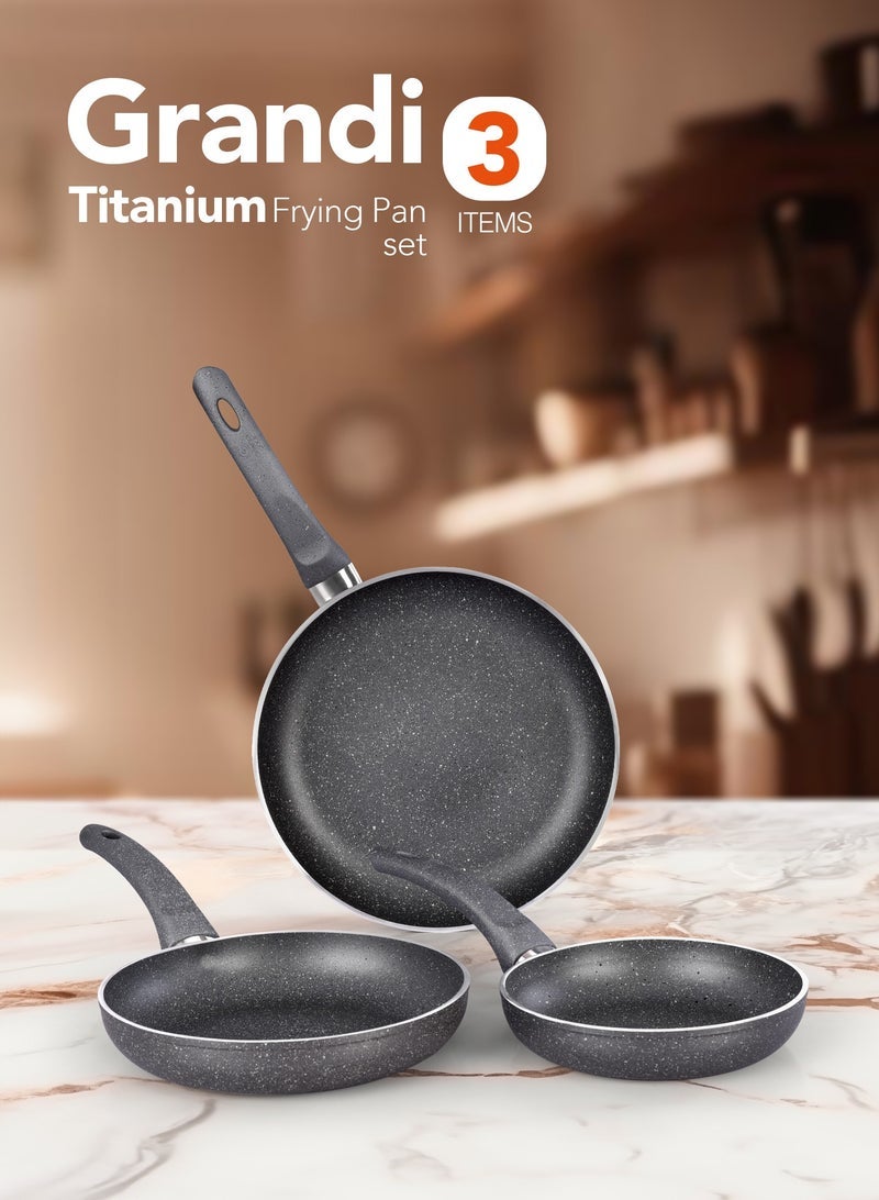 Grandi 3-Piece Non-Stick Titanium High thickness Frying Pan Set Grey Big Frying Pan (26), Medium Frying Pan (22), Small Frying Pan (18)cm - Image 1