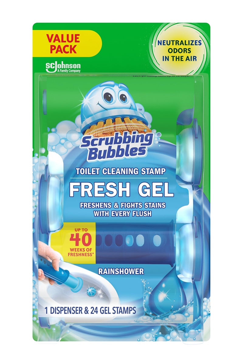 Scrubbing Bubbles Fresh Gel Toilet Bowl Cleaning Stamps, Helps Keep Toilet Clean and Helps Prevent Limescale & Rings, Rainshower Scent, 1 Dispenser with 24 Fresh Gel Stamps - Image 1