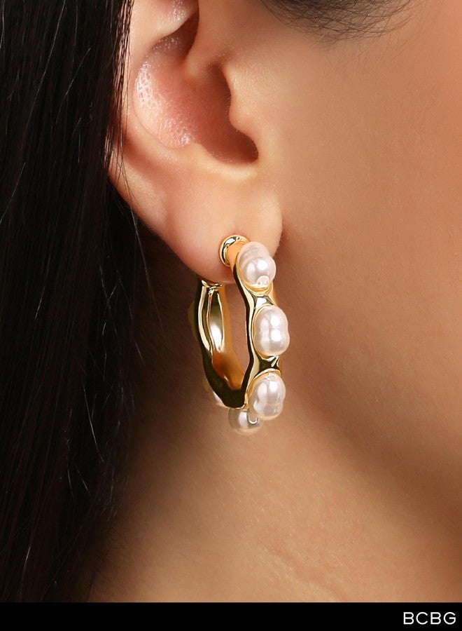 بي سي بي جي أقراط حلقية ذهبية اللون من بي سي بي جي للنساء مزينة باللؤلؤ، أقراط حلقية نسائية مزينة باللؤلؤ - Image 3