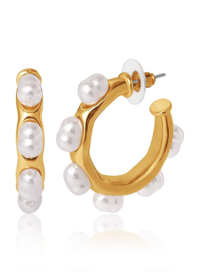 بي سي بي جي أقراط حلقية ذهبية اللون من بي سي بي جي للنساء مزينة باللؤلؤ، أقراط حلقية نسائية مزينة باللؤلؤ - Image 1