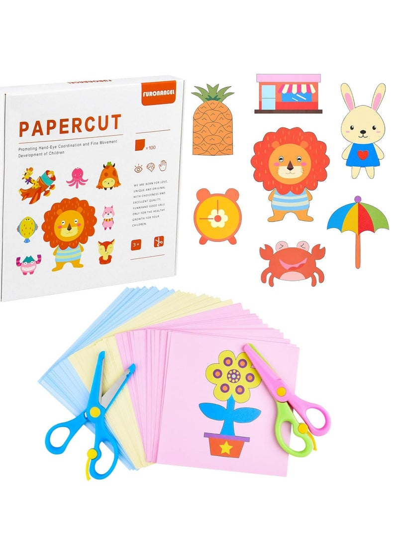 FengSVMA 2 Kids Safety Scissors with 100 Pcs Paper Cutting for Paper Craft Supplies, Kids Preschool Training Scissors, Art Craft Plastic Scissors for School Supplies and Scrapbooking Supplies - Image 1