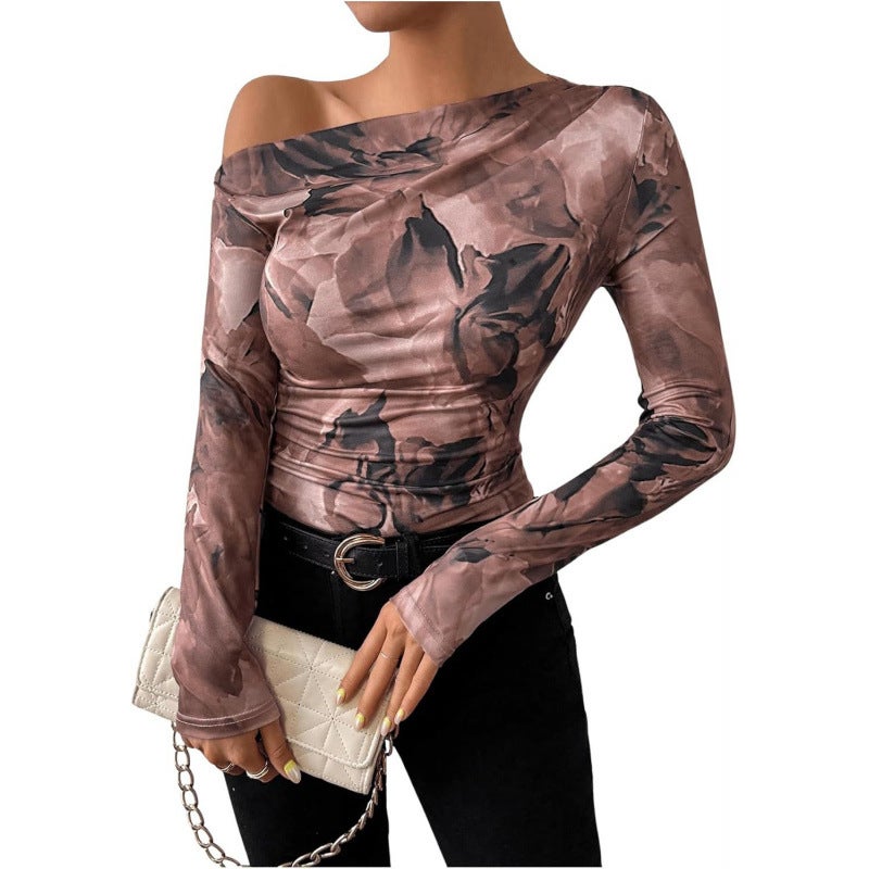 2024 Fashion Tie-Dye Printed Asymmetric Ruffled Long-Sleeved T-Shirt - Image 1