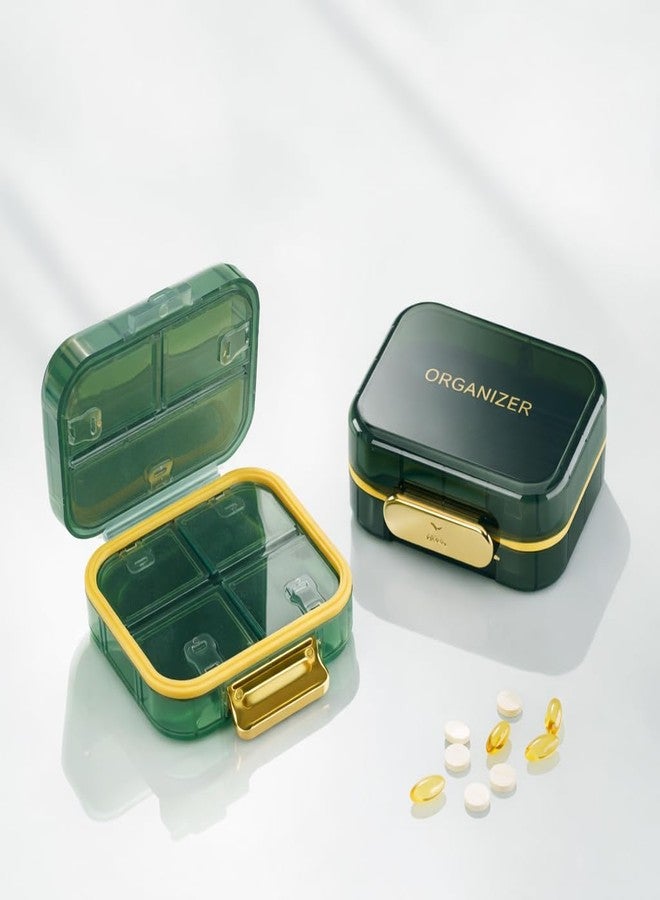 AccuPrints Sumiko Stylish Travel Pill Organizer Box - Compact 7-Compartment Medicine Case | Portable Moisture-Proof Vitamin Storage for Purse, Pocket & Travel (Green with Gold Trim) - Image 1