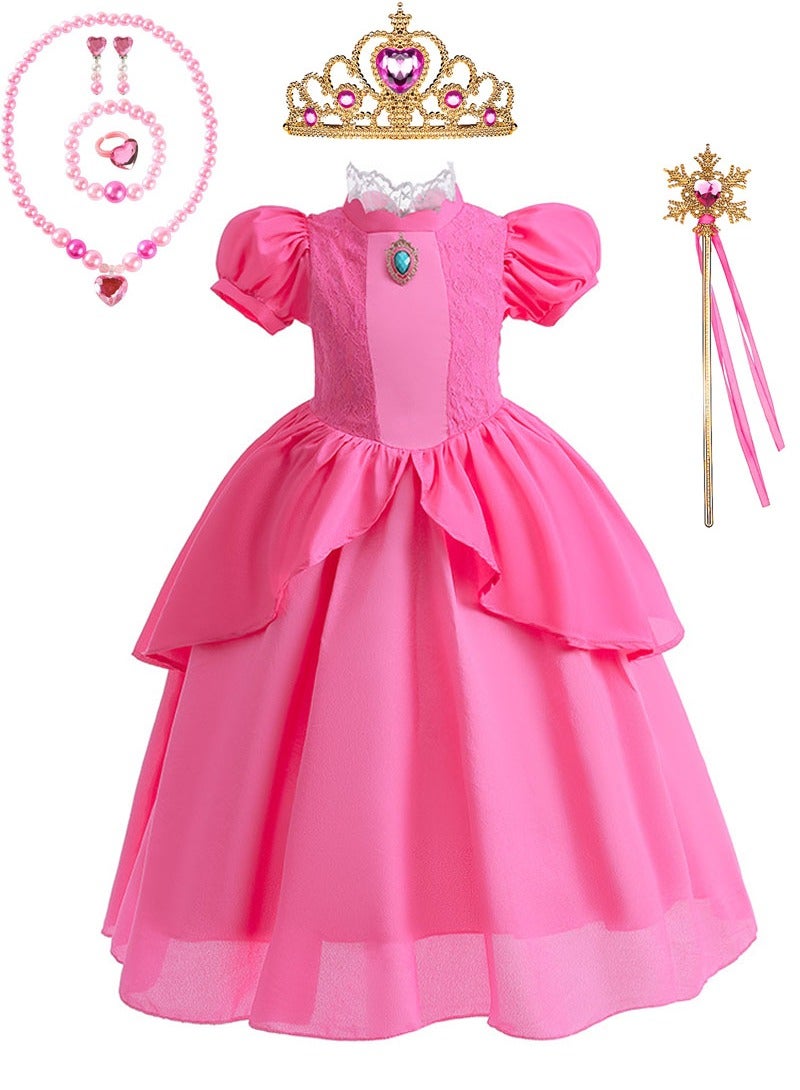 Princess Peach Dresses for Girls with Magic Wands, Necklaces, Crowns,Princess Peach Costume Kids Costumes Dress Up with Accessories Special Occasion Dresses Pink  - Image 1