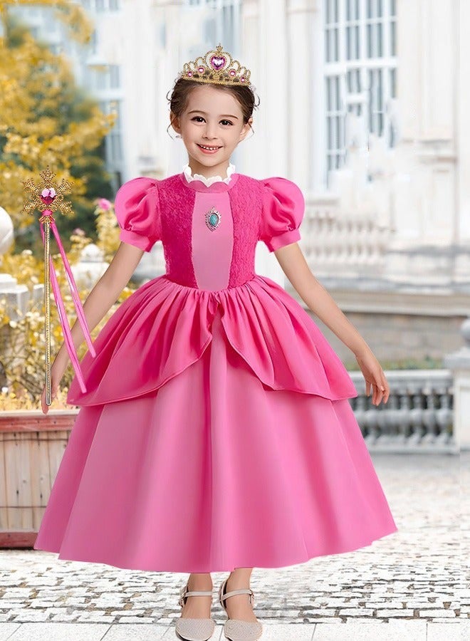 Princess Peach Dresses for Girls with Magic Wands, Necklaces, Crowns,Princess Peach Costume Kids Costumes Dress Up with Accessories Special Occasion Dresses Pink  - Image 3