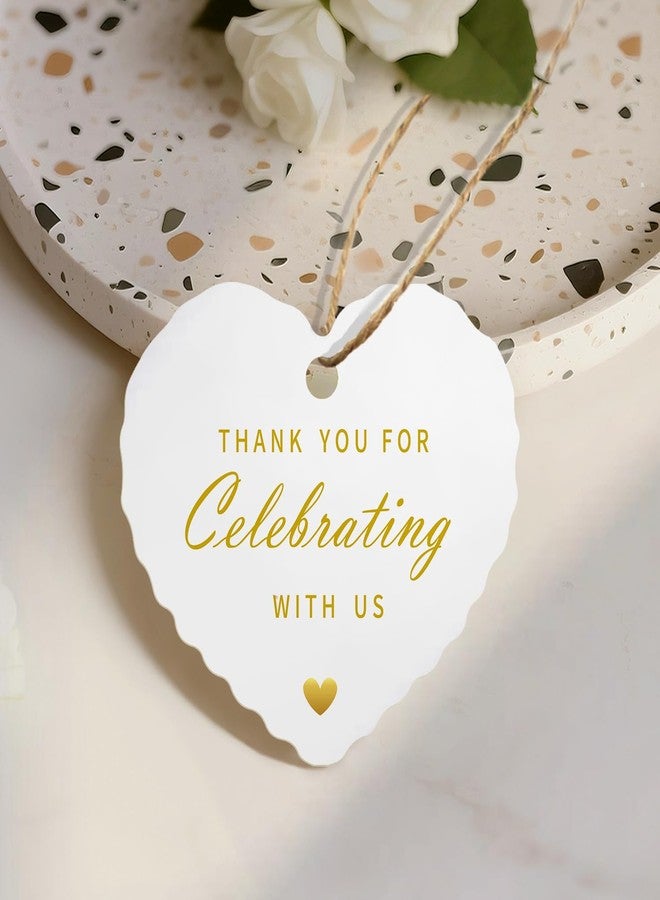 TQQBUU 50pcs Gold Foil Thank You Tags with String, Pre-Punched Hole Gift Tags with String - Perfect for Weddings, Baby Showers, Parties, Celebrations - Thank You for Celebrating with US (2.36"*2.16") - Image 1