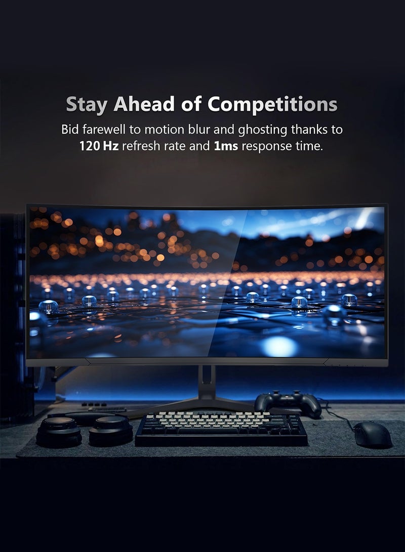 HILUKE 34" Curved WQHD 3440×1440 Gaming Monitor 120Hz, 1ms, 1500R, HDR 10, 100% sRGB PC Screen, AMD Free-Sync Premium/G-Sync Compatible, 2 x DispalyPort 1.4 & HDMI 2.0, Height/Tilt Adjustable Stand, Black - Image 3