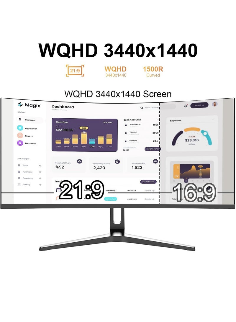 HILUKE 34" Curved WQHD 3440×1440 Gaming Monitor 120Hz, 1ms, 1500R, HDR 10, 100% sRGB PC Screen, AMD Free-Sync Premium/G-Sync Compatible, 2 x DispalyPort 1.4 & HDMI 2.0, Height/Tilt Adjustable Stand, Black - Image 4