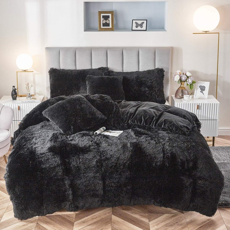 Uhamho Faux Fur Velvet Fluffy Bedding Duvet Cover Set Down Comforter Quilt Cover with Pillow Shams Ultra Soft Warm Black King