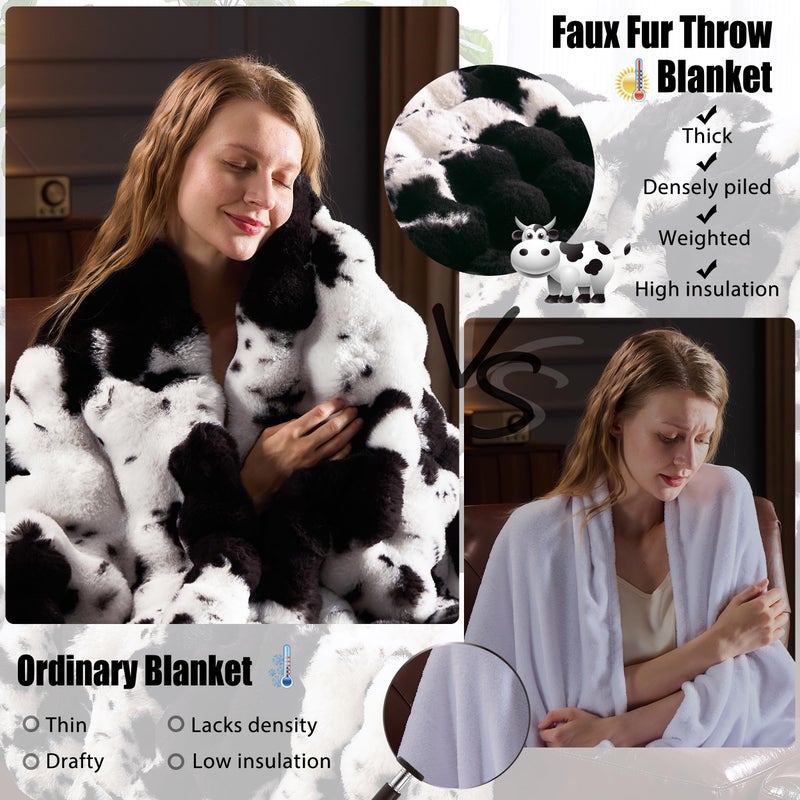 PLUUSHUU Faux Fur Throw Blanket for Couch, Fluffy Fuzzy Plush Bubble Blanket, Soft Warm Cozy Shaggy Rabbit Blanket, Luxury Decorative Gifts for Sofa Bedroom Living Room, 60x80inch (Cow Print-Black) - Image 2