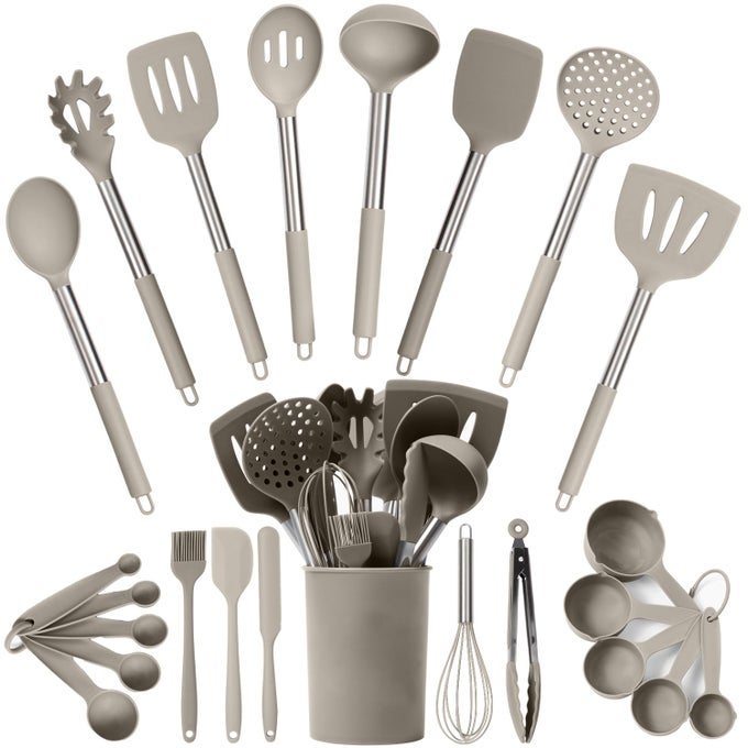 SILICONE KITCHEN UTENSILS SET 24PIECES KHAKI SILICONE COOKING UTENSILS SET FOR NONSTICK COOKWARE SILICONE SPATULAS SET STAINLESS STEEL HANDLE OTHER KITCHEN ACCESSORIES