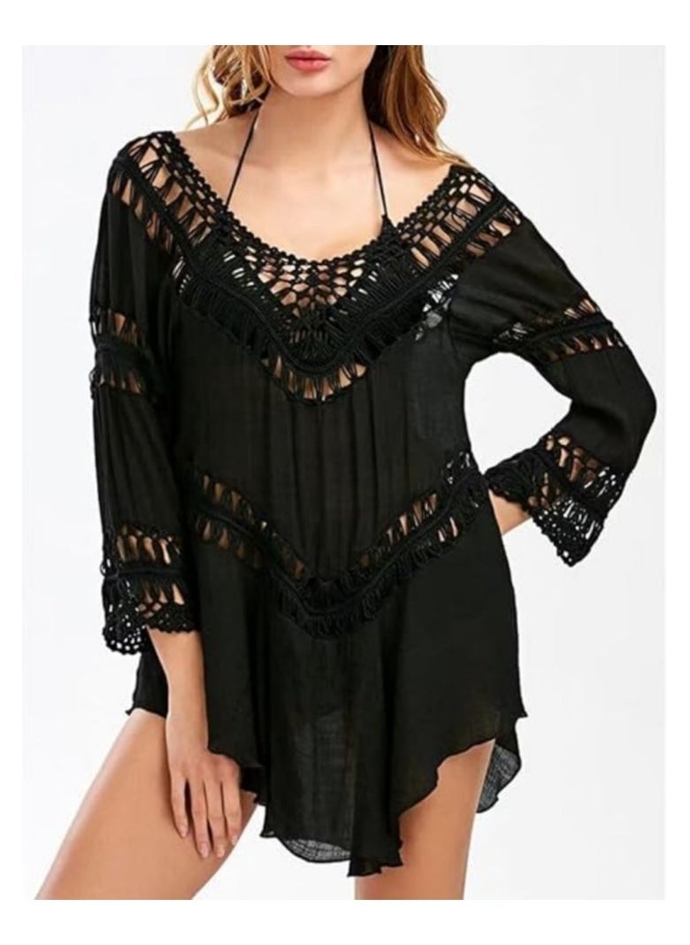 NADANBAO Women Swimsuit Cover Up, Lace Sun Protection Top, Half Sleeve Bikini Cover-up, Hollow Embroidery Floral Lace Beach Dress, Beach Swimwear - Image 3