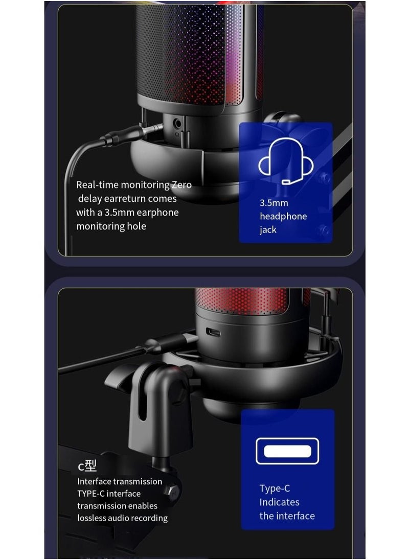 فورتي - ميكروفون الألعاب USB مكثف بودكاست ميكروفون مع إضاءة RGB مستشعر النقر لكتم الصوت النمط القطبي القلبي لبث الألعاب - Image 1
