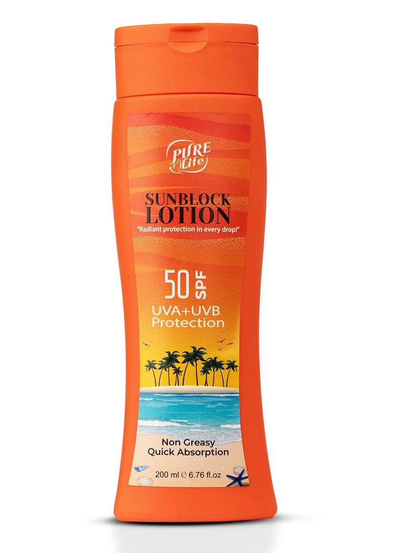 Pure Life Sunblock Lotion SPF 50+ for Face & Body – UVA + UVB Protection – Lightweight & Non-Greasy Texture – Fast Absorption – 200ml - Image 1