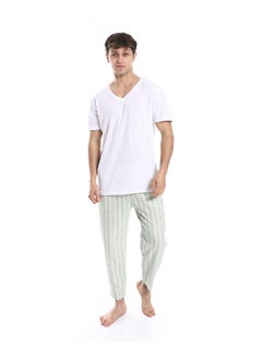 Andora Short Sleeve Striped Pattern Pants Pajama Set _ White & Mint  - Image 1