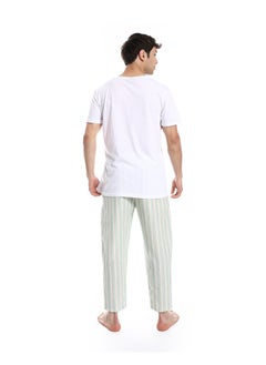 Andora Short Sleeve Striped Pattern Pants Pajama Set _ White & Mint  - Image 3