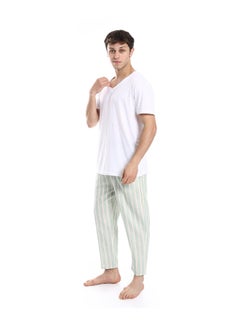 Andora Short Sleeve Striped Pattern Pants Pajama Set _ White & Mint  - Image 5