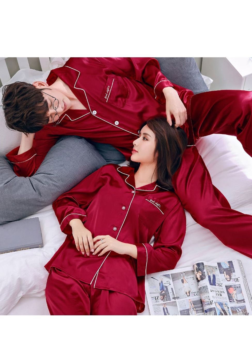 MARGOUN Couples Matching Pajamas Silk Long Sleeve Sleepwear Satin Soft Button Down Loungewear Pjs Red XXL and XL MG04 Best Price UAE Dubai Abu Dhabi