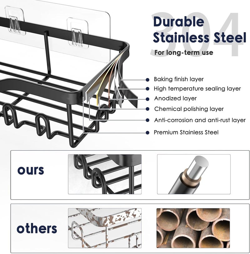 NESOMI Integrated practical design Shower Caddy Adhesive Shower Shelves, Bathroom Organizer Shower Organizer Rack Black, Wall Shelf for Inside Shower Storage with Soap Holder and 16 Hooks Rustproof Stainless Steel, 2 Pack Large Multi-use well-engineered build - Image 3