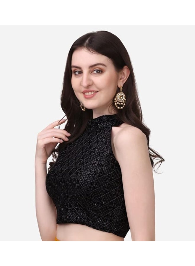 Pujia Mills بلوزة ساري جاهزة من بوجيا ميلز للنساء، بياقة هالتر، مزينة بتطريز تشيكنكاري بالترتر - Image 4