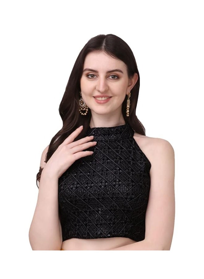 Pujia Mills بلوزة ساري جاهزة من بوجيا ميلز للنساء، بياقة هالتر، مزينة بتطريز تشيكنكاري بالترتر - Image 1