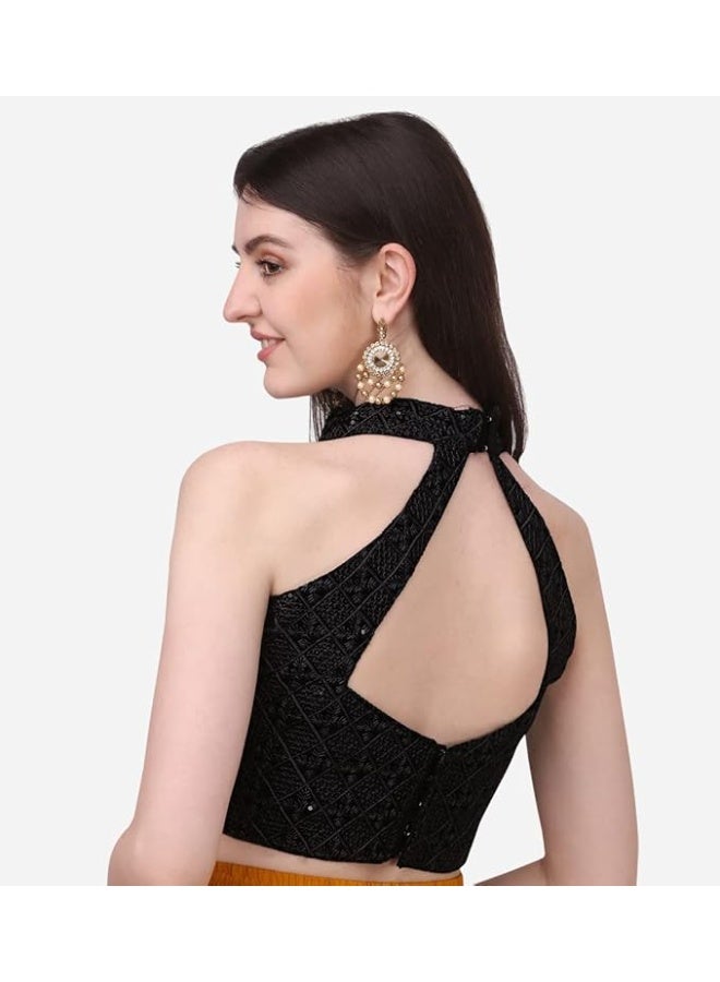 Pujia Mills بلوزة ساري جاهزة من بوجيا ميلز للنساء، بياقة هالتر، مزينة بتطريز تشيكنكاري بالترتر - Image 3