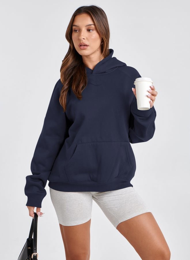 SAFRISIOR Oversized Hoodies for Women and Men Couples Fleece Basic Solid Hooded Sweatshirt Pullover Jackets Navy, S - Image 2