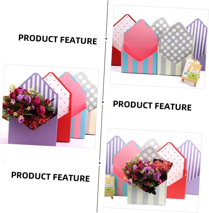 Healvian Envelope Flower Boxes 5pcs Paper Packing Box Set with Folding Bouquet Wrappers for Floral Packaging and Presentation, Mixed Crimson Spot, Beige Dot, Purple and Blue Stripe Designs, - Image 5