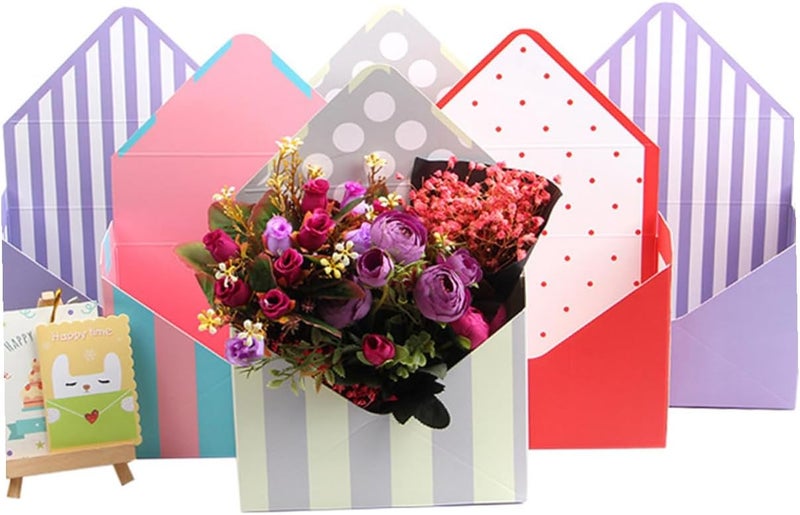 Healvian Envelope Flower Boxes 5pcs Paper Packing Box Set with Folding Bouquet Wrappers for Floral Packaging and Presentation, Mixed Crimson Spot, Beige Dot, Purple and Blue Stripe Designs, - Image 4