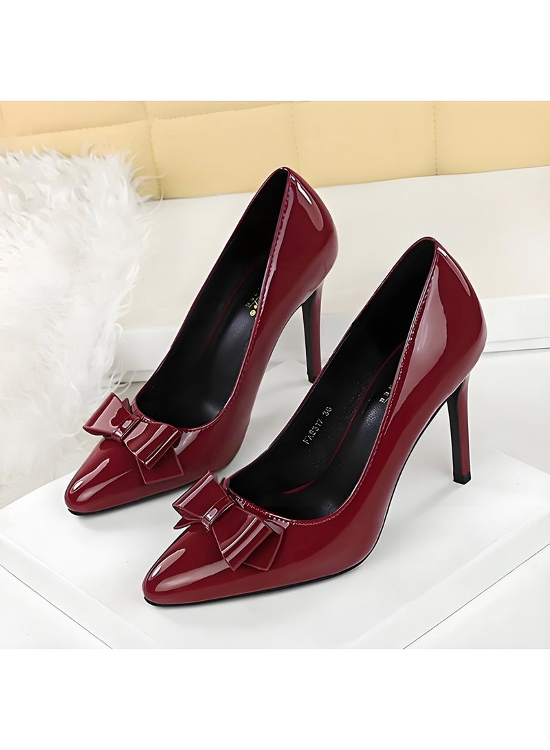 BIGTREE Women's Bowknot Stiletto Pumps Closed Pointed Toe High Heels Party Dress Shoes Wine Red 10CM - Image 1