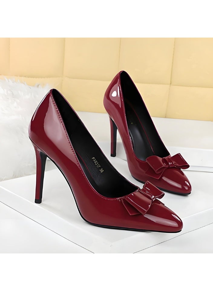 BIGTREE Women's Bowknot Stiletto Pumps Closed Pointed Toe High Heels Party Dress Shoes Wine Red 10CM - Image 2