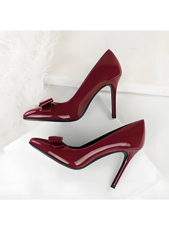BIGTREE Women's Bowknot Stiletto Pumps Closed Pointed Toe High Heels Party Dress Shoes Wine Red 10CM - Image 3