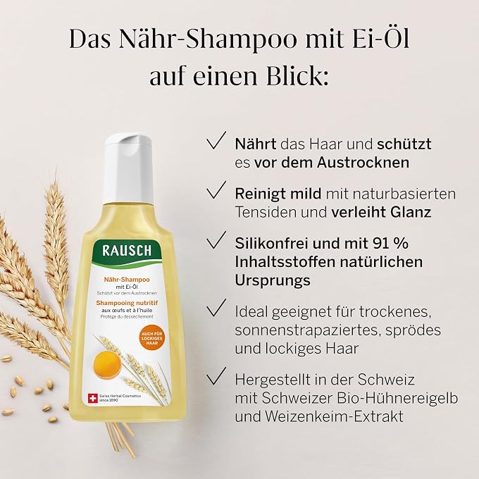 RAUSCH Nourishing Shampoo with Egg Oil 200ml Nourishing Cleansing for Dry Hair Silicone-Free Made in Switzerland with Fresh Swiss Organic Chicken Yolk & Wheat Germ Extract - Image 3