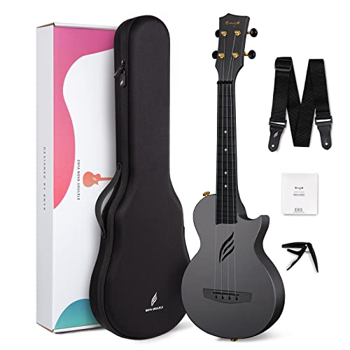 Enya Concert Ukulele Nova U 23’’ Carbon Fiber Travel Ukulele with Beginner Kit includes online lessons, case, strap, capo and strings (Black) - Image 1